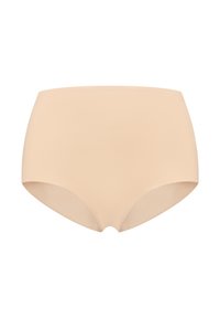 Beige hoge taille slip gemaakt van een gladde stof, met een naadloos ontwerp en ronde beenopeningen voor comfort. Geen zichtbare naden of patronen.