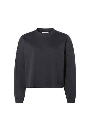 Felpa corta grigio scuro con maniche lunghe, colletto e polsini a costine, texture liscia e dettaglio del logo discreto sull'orlo.