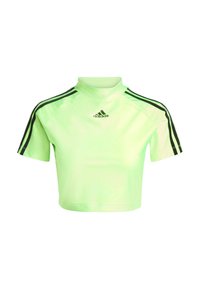 Neonvihreä, lyhyttaskuinen urheilupaita, jossa on korkea kaulus, lyhyet hihat, mustat sivuraidat ja adidas-logo edessä. Sileä pinta.