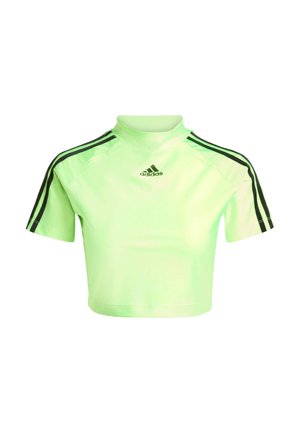 Neon zaļš, apgriezts sporta krekls ar augstu apkakli, īsām piedurknēm, melnām sānu svītrām un adidas logotipu priekšpusē. Gluda tekstūra.