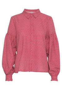 Rote Bluse mit Kragen, die ein sich wiederholendes weißes Ovalmuster aufweist, lange Puffärmel und Knopfverschlüsse auf der Vorderseite hat. Weicher Stofftexture.