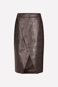 Brown faux leather pencil skirt with a diagonal wrap design and hem slit. Features a smooth texture and a single button detail at the waistband.