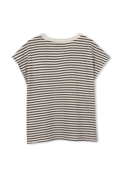 T-shirt rayé crème et noir. Manches courtes, encolure arrondie, tissu coton doux avec un motif rayé uniforme sur toute la surface.