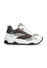 Sporty sneaker with a white and grey mesh upper, brown suede accents, and black rubber sole. Features white laces and turquoise detailing.