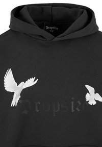 Black hoodie featuring two white doves on the front and the brand name "Dropsize" in embossed dark lettering. Soft fabric, hooded design.