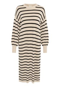 Abito a righe in beige e nero, caratterizzato da un collo rotondo, maniche lunghe con polsini arricciati e una vestibilità ampia. Tessuto in maglia strutturata.