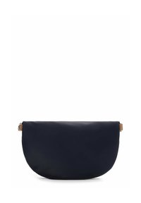 Navy blue, half-moon shaped bag made of smooth synthetic material. Features a leather accent and a zipper closure. Minimalist design.