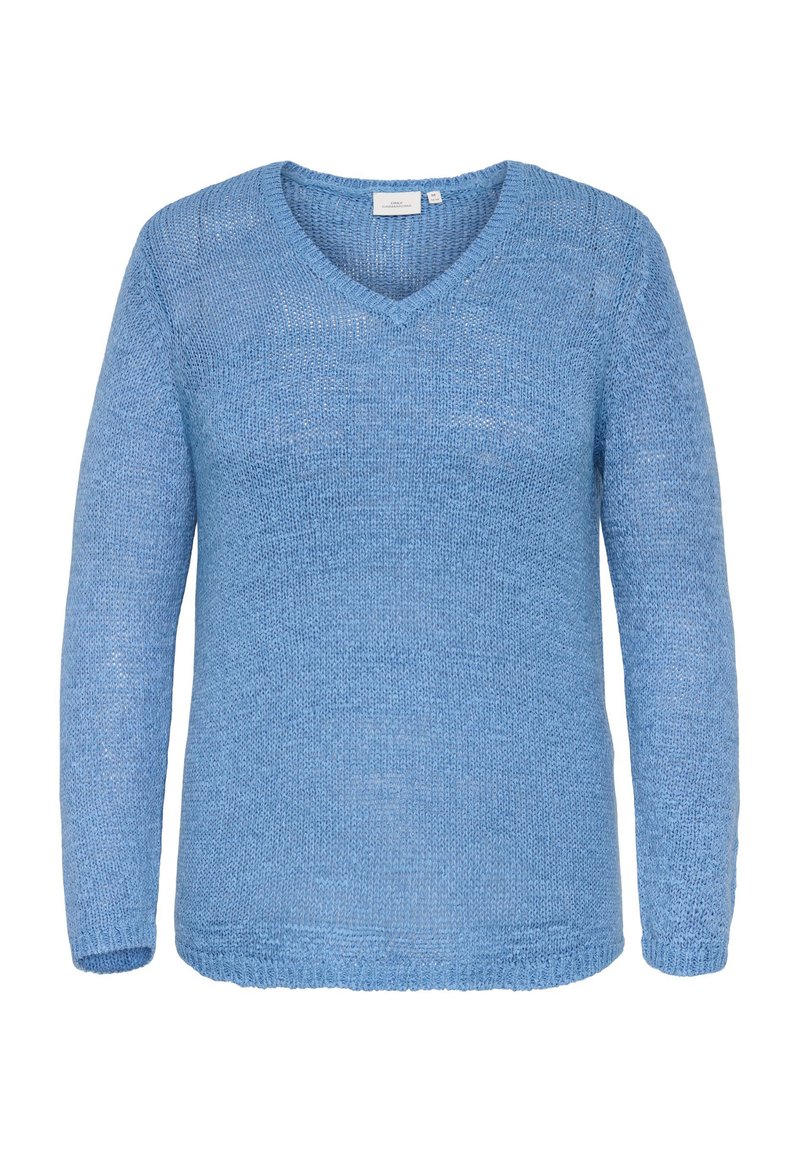 Ανοιχτό μπλε πλεκτό πουλόβερ με μακριά μανίκια, ντεκολτέ σε σχήμα V και άνετη εφαρμογή, απεικονιζόμενο σε λευκό φόντο.