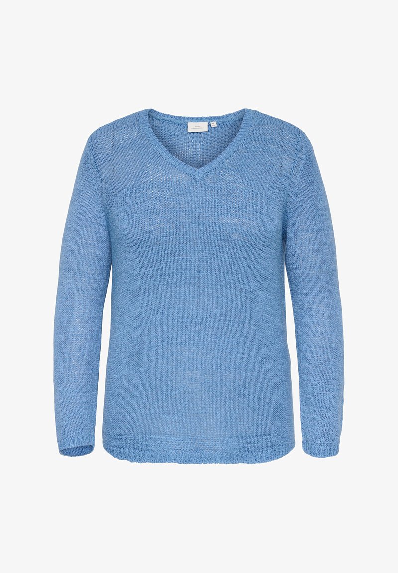 Ανοιχτό μπλε πλεκτό πουλόβερ με μακριά μανίκια, ντεκολτέ σε σχήμα V και άνετη εφαρμογή, απεικονιζόμενο σε λευκό φόντο.