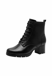 Bottines en cuir noir avec un bout arrondi, un laçage à l'avant, des côtés élastiques et un talon carré. Texture lisse avec des détails de couture minimaux.