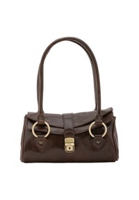 Borsa a mano in pelle marrone con forma strutturata, dotata di due anelli metallici rotondi, una chiusura magnetica e una finitura liscia e lucida.