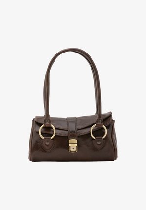 Borsa a mano in pelle marrone con forma strutturata, dotata di due anelli metallici rotondi, una chiusura magnetica e una finitura liscia e lucida.