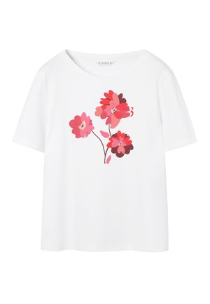 Weißes T-Shirt mit kurzen Ärmeln, das einen Blumenprint in Rosa- und Burgundertönen zeigt, mit lockerem Schnitt und rundem Ausschnitt.