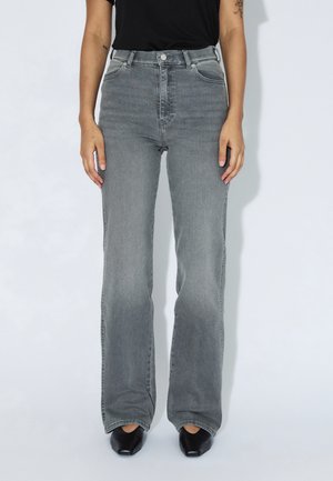 Grå højtaljede jeans med lige ben, der har et design med fem lommer, foran knaplukning og en diskret falmet effekt på stoffet.