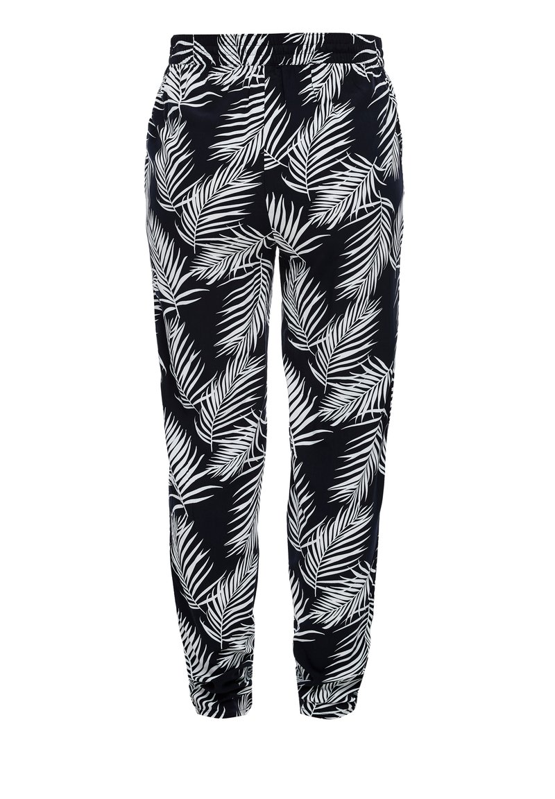 Svarta byxor med ett vitt palmbladsmönster, med elastisk midja och avsmalnande anklar för en avslappnad passform.