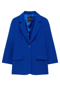 Blazer bleu à coupe ajustée, avec revers crantés, deux poches avant et deux boutons. Confectionné dans un tissu lisse avec une doublure en satin.