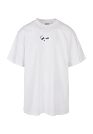 White cotton t-shirt featuring a round neckline and short sleeves, with a black embroidered logo centered on the chest.