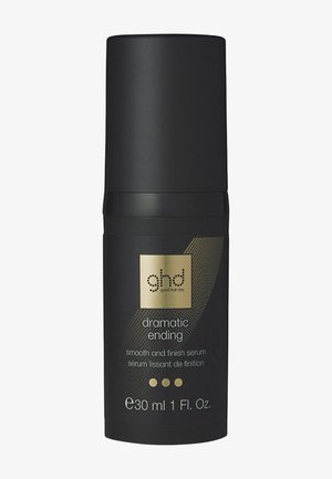 Flacon noir de sérum lissant et finition ghd Dramatic Ending, 30 ml, avec texte doré et blanc sur le devant.