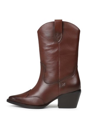 Brown leather mid-calf cowboy boot with a pointed toe, decorative stitching, and a stacked block heel.