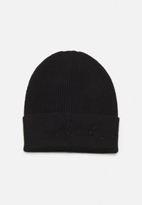 Beanie nero a coste con risvolto, caratterizzato da un logo elegante decorato con cristalli scuri sul davanti. Texture morbida, design lavorato a maglia.