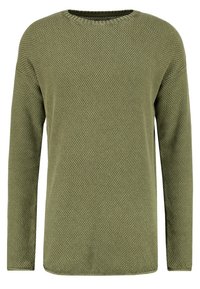 Maglione verde oliva a maniche lunghe realizzato in un materiale a maglia testurizzato, con scollatura rotonda e dettagli a costine al colletto e ai polsini.