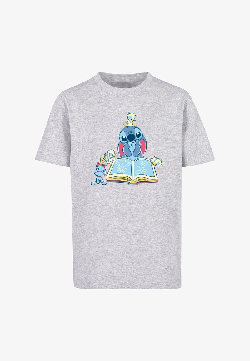 Lys grå bomulds T-shirt med et farverigt print af en tegneseriefigur, der læser en bog, omgivet af mindre figurer.