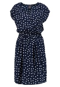 Navyblaues Polka-Dot-Kleid mit kurzen Ärmeln, elastischem Taillenbund und weichem Stoff. Hat einen V-Ausschnitt und fällt unter das Knie.