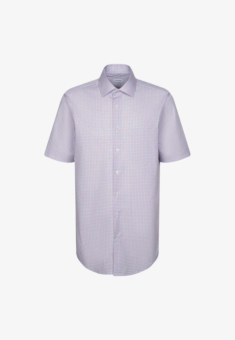 Chemise à manches courtes avec petit motif géométrique en violet clair et blanc, col à pointes, et coupe standard.