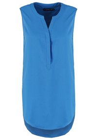 Blusa senza maniche blu in tessuto leggero, con un delicato scollo a fessura, taglio dritto e orlo curvo per una vestibilità rilassata.