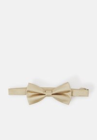 Noeud papillon en satin beige avec un nœud central, présentant une texture lisse et un doux éclat. Bandeau réglable pour un ajustement personnalisable.