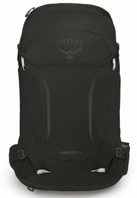 Mochila Osprey Hikelite 28 en negro, con un diseño elegante, material texturizado, bolsillos laterales de malla y correas ajustables.