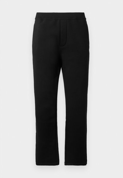Black sweatpants with a smooth texture, elastic waistband, and two side pockets. Straight-leg design with a clean finish.