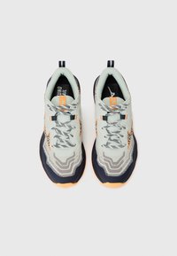 Light gray running shoes with a textured mesh upper, navy sole, orange accents, and a patterned design on the sides. Includes laces and a pull tab.