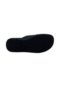 Sole di sandal in gomma nera con superficie texture, caratterizzata da un motivo a diamante e una leggera curvatura nella zona delle dita per un adattamento ergonomico.