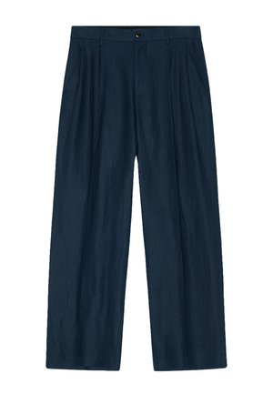 Marineblauwe wijde broek met voorsplooien, zijzakken, riemlussen en een knoopsluiting aan de tailleband.