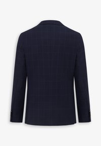 Marineblå ternet blazer med struktureret design, klapkrave, lange ærmer og subtilt blåt rutenet. Ingen synlige lukninger.