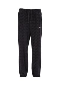 Black velour jogger pants with elastic waistband, drawstring, ankle cuffs, and subtle checkered pattern with small logo on the left thigh.