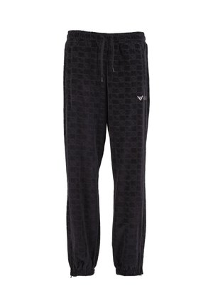 Black velour jogger pants with elastic waistband, drawstring, ankle cuffs, and subtle checkered pattern with small logo on the left thigh.