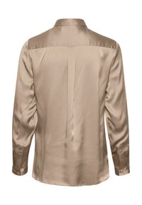 Beige satin long-sleeve shirt with a back yoke and cuffs. Smooth texture, structured design, and tailored fit with no embellishments.