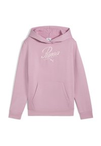 Rosa Kapuzenpullover mit Kängurutasche, featuring weißen gestickten "Puma"-Logo. Weicher Stoff, lange Ärmel und eine Kordelzugkapuze.
