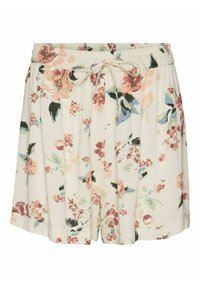 Vaalean kermanväriset pehmeät shortsit, joissa on joustava vyötärönauha, nyöri ja pinkki-, sininen- ja vihreäkukallinen painatus.