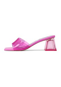 Sandali trasparenti rosa a slip-on con una fascia larga e un tacco geometrico trasparente. Finitura liscia, design minimalista.