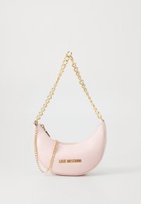 Rózsaszín műbőr kézitáska, félhold alakú. Arany láncos pánttal és "LOVE MOSCHINO" felirattal arany betűkkel. Simás textúra.