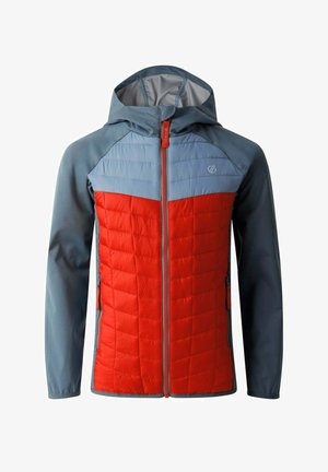 Padded jacket with a gray upper and bright red lower section, featuring a hood, front zip, and side pockets. Smooth texture with quilted detail.
