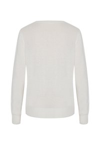 Hellbeiger Pullover, gestrickte Textur, lange Ärmel, gerippte Bündchen und Saum, runder Halsausschnitt, Rückansicht, minimalistisches Design.