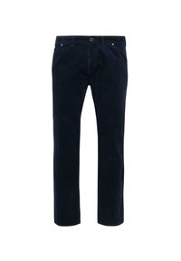 Navyblauwe casual broek voor heren met knoopsluiting, riemlussen en schuine broekzakken aan de voorkant, tentoongesteld op een witte achtergrond.