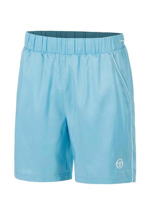 Hellblaue Herren-Sportshorts mit elastischem Bund, Seitentaschen, weißen Paspeln an den Seiten und einem kleinen weißen Logo am linken Bein.