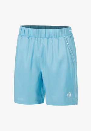 Pantaloncini sportivi da uomo azzurri con elastico in vita, tasche laterali, piping bianco sui lati e un piccolo logo bianco sulla gamba sinistra.