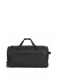 Sac de voyage noir en tissu durable, équipé de deux poignées de transport, d'une poche frontale zippée et d'un fond à roulettes pour un transport facile.