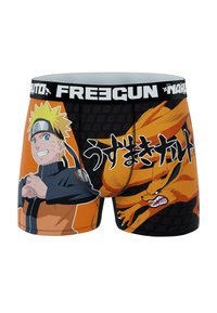 Un caleçon noir et orange présentant des graphismes d'un personnage et d'un renard provenant d'un anime populaire, avec une ceinture large noire affichant "FREEGUN."